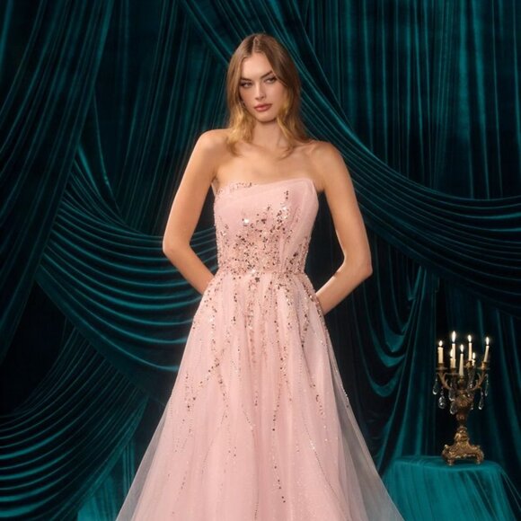 New Pink Strapless Beads Embellished A-Line Dress w/ Beaded Bodice CD A1491 - Picture 8 of 10